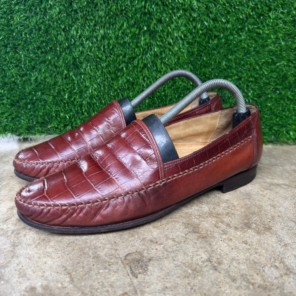 Vintage 90s Bally Floryno Croc Embossed Leather Loafers Brown 8.5